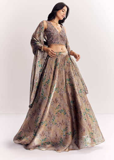Gold Organza Tissue Lehenga Dupatta With Mirror Work Choli