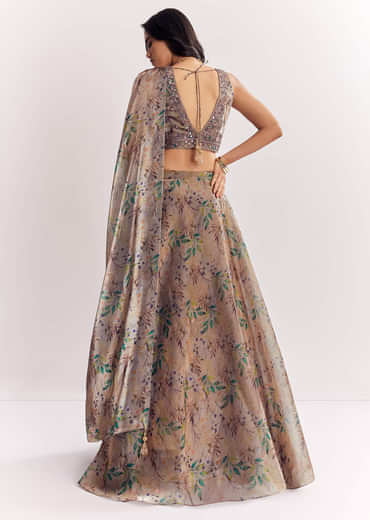 Gold Organza Tissue Lehenga Dupatta With Mirror Work Choli