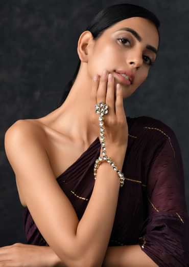 Gold Plated Hand Harness With Beautifully Handcrafted Floral Design Adorned In Kundan Work By Paisley Pop