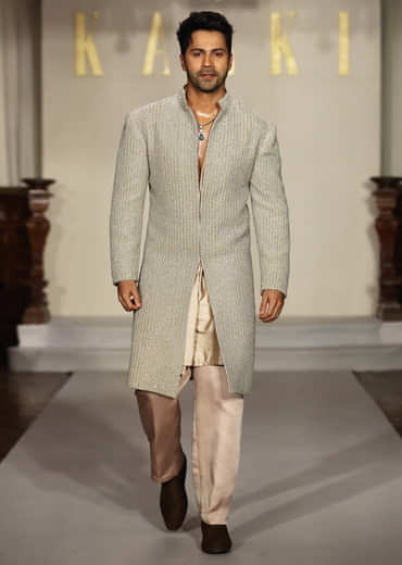 Gold Raw Silk Sherwani For Groom With Hand Embroidery