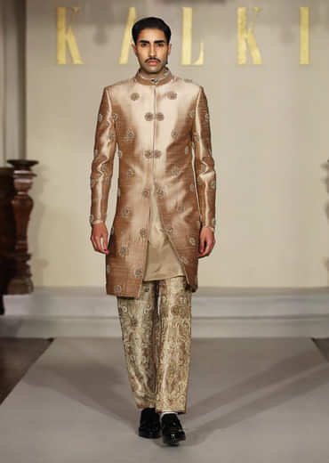 Gold Raw Silk Sherwani For Groom With Zardosi Embroidery