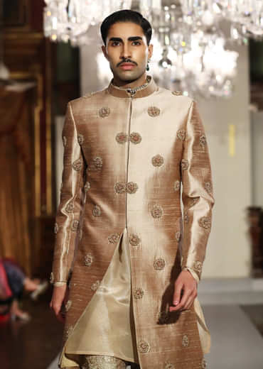 Gold Raw Silk Sherwani For Groom With Zardosi Embroidery