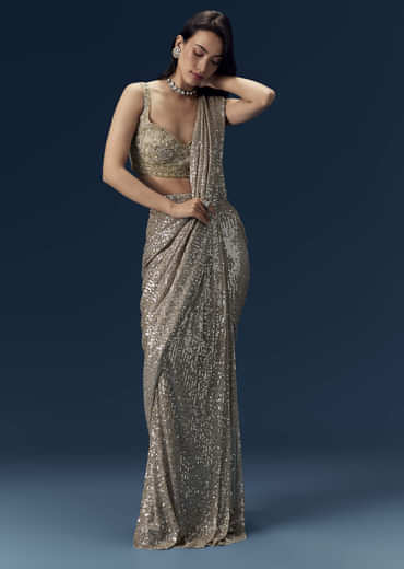 Gold Ready Pleated Sequin Net Saree with Blouse