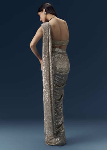 Gold Ready Pleated Sequin Net Saree with Blouse