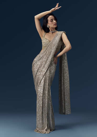 Gold Ready Pleated Sequin Net Saree with Blouse