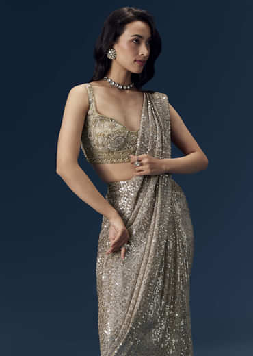 Gold Ready Pleated Sequin Net Saree with Blouse