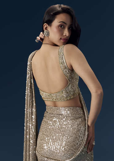 Gold Ready Pleated Sequin Net Saree with Blouse
