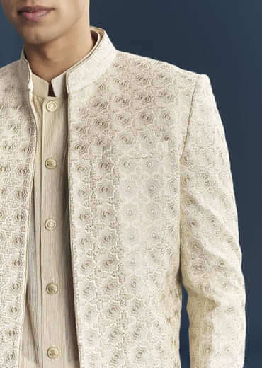 Gold Silk Kurta Jacket Set For Men With Embellishments