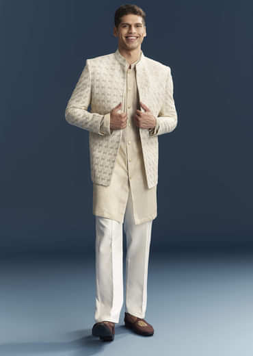 Gold Silk Kurta Jacket Set For Men With Embellishments