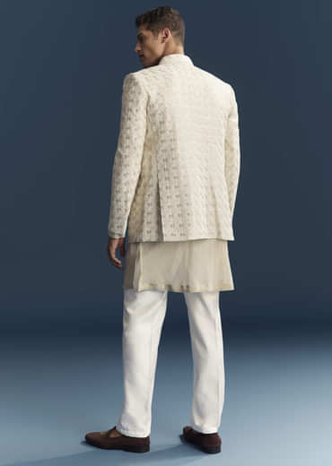 Gold Silk Kurta Jacket Set For Men With Embellishments