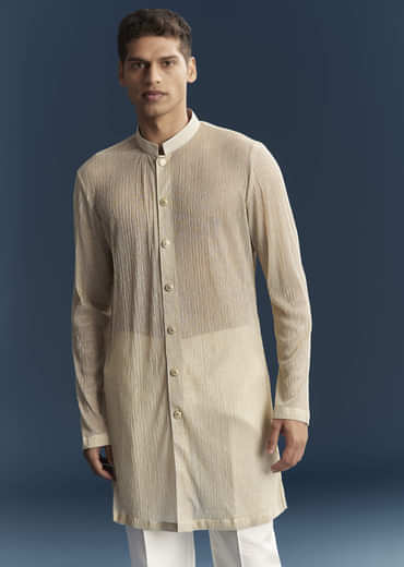 Gold Silk Kurta Jacket Set For Men With Embellishments