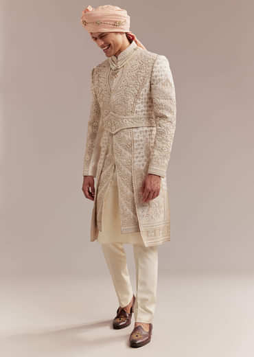 Gold Silk Sherwani For Groom With Heavy Hand Embroidery