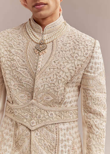 Gold Silk Sherwani For Groom With Heavy Hand Embroidery