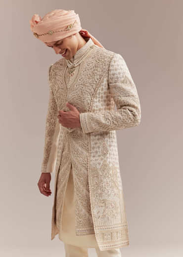 Gold Silk Sherwani For Groom With Heavy Hand Embroidery