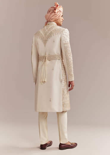 Gold Silk Sherwani For Groom With Heavy Hand Embroidery