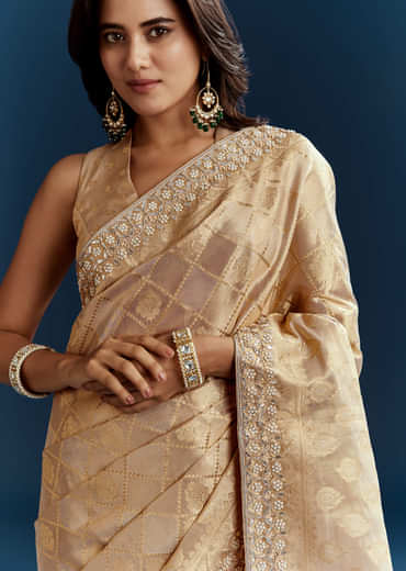 Gold Tissue Brocade Saree With Tassels And Gota Patti Moti Embroidery