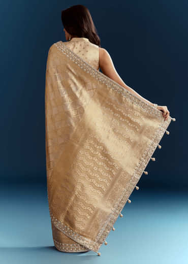Gold Tissue Brocade Saree With Tassels And Gota Patti Moti Embroidery