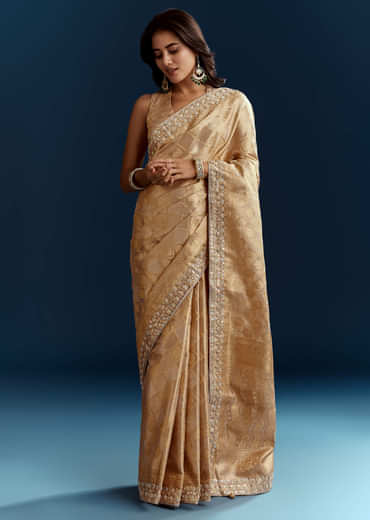 Gold Tissue Brocade Saree With Tassels And Gota Patti Moti Embroidery