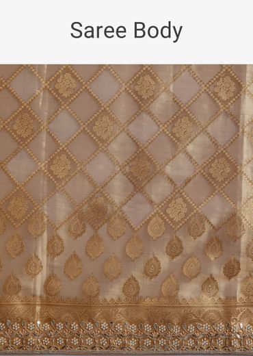 Gold Tissue Brocade Saree With Tassels And Gota Patti Moti Embroidery