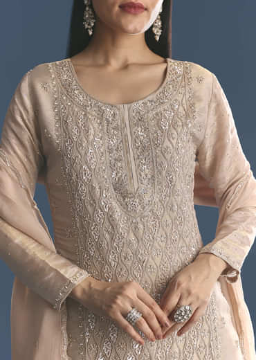 Gold Tissue Kurta Sharara Set With Beads And Sequins Work