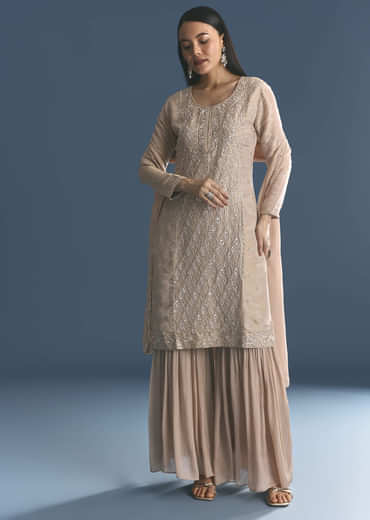 Gold Tissue Kurta Sharara Set With Beads And Sequins Work