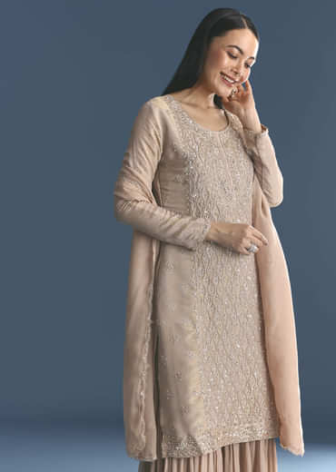 Gold Tissue Kurta Sharara Set With Beads And Sequins Work