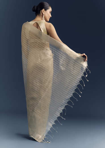 Gold Tissue Organza Saree With Zari And Resham Embroidery