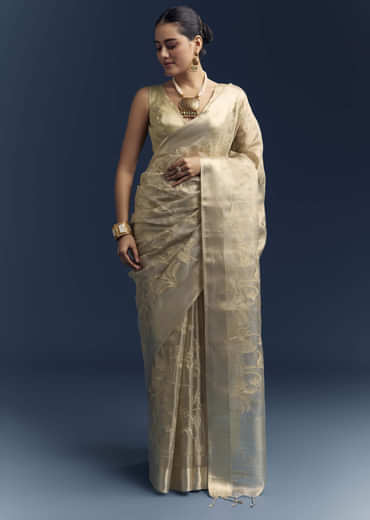 Gold Tissue Organza Saree With Zari And Resham Work
