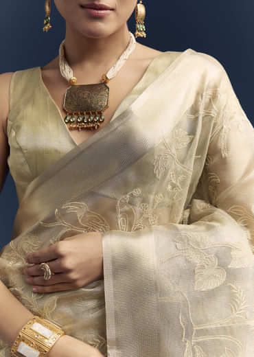 Gold Tissue Organza Saree With Zari And Resham Work