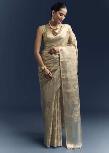 Gold Tissue Organza Saree With Zari And Resham Work
