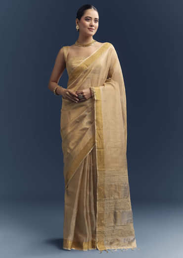 Gold Tissue Organza Woven Saree With Golden Zari Work
