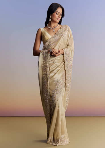 Gold Tissue Saree With Cut Dana Embroidery