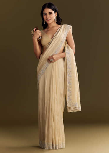 Gold Tissue Saree With Cutdana And Beads Scallop Border