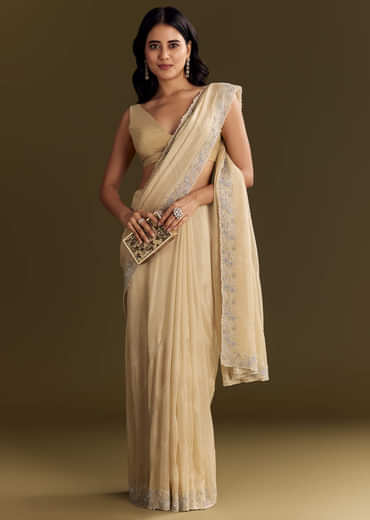 Gold Tissue Saree With Cutdana And Beads Scallop Border