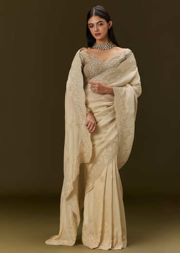 Gold Tissue Saree With Embroidered Brocade Blouse