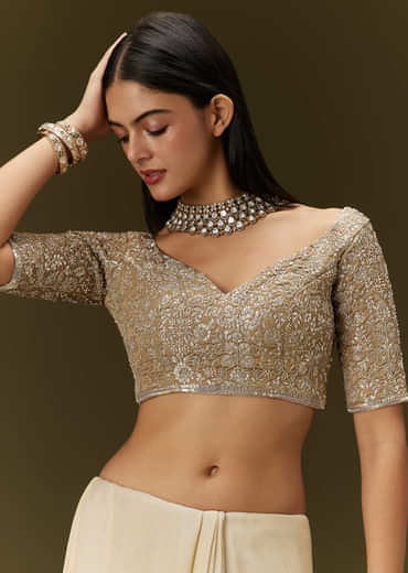 Gold Tissue Saree With Embroidered Brocade Blouse