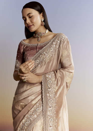 Gold Tissue Saree With Heavy Embroidered Border And Blouse