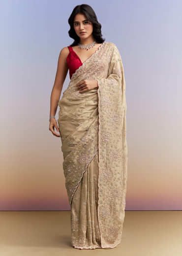 Gold Tissue Saree With Heavy Hand Embroidery