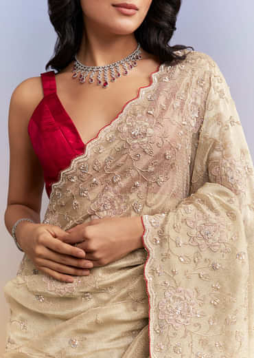 Gold Tissue Saree With Heavy Hand Embroidery