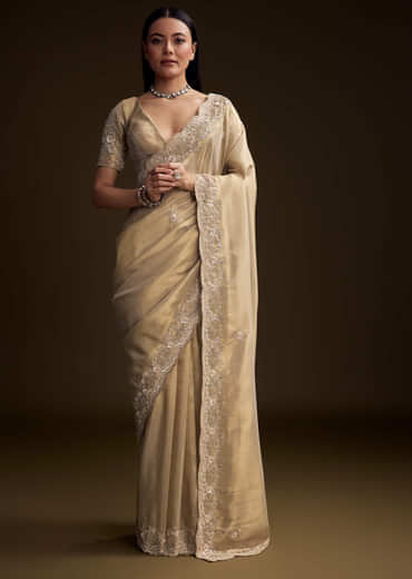 Gold Tissue Saree With Stone And Bead Embroidery