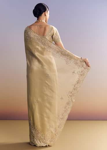 Gold Tissue Silk Saree With Scallop Border And Rich Embroidered Unstitched Blouse