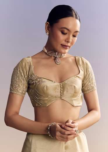 Gold Tissue Silk Saree With Scallop Border And Rich Embroidered Unstitched Blouse