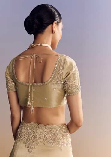 Gold Tissue Silk Saree With Scallop Border And Rich Embroidered Unstitched Blouse