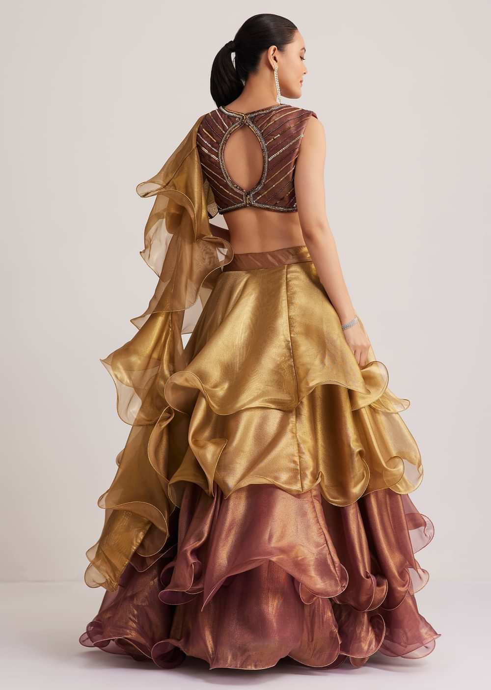 Gold And Mauve Organza Embellished Lehenga Set