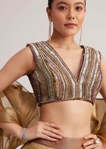 Gold And Mauve Organza Embellished Lehenga Set