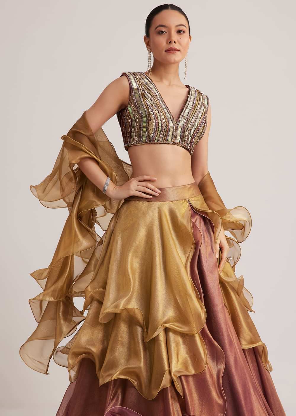 Gold And Mauve Organza Embellished Lehenga Set