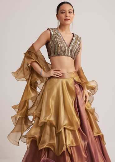 Gold And Mauve Organza Embellished Lehenga Set