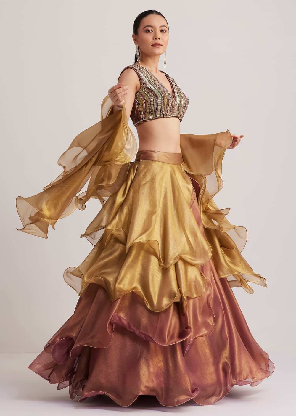 Gold And Mauve Organza Embellished Lehenga Set