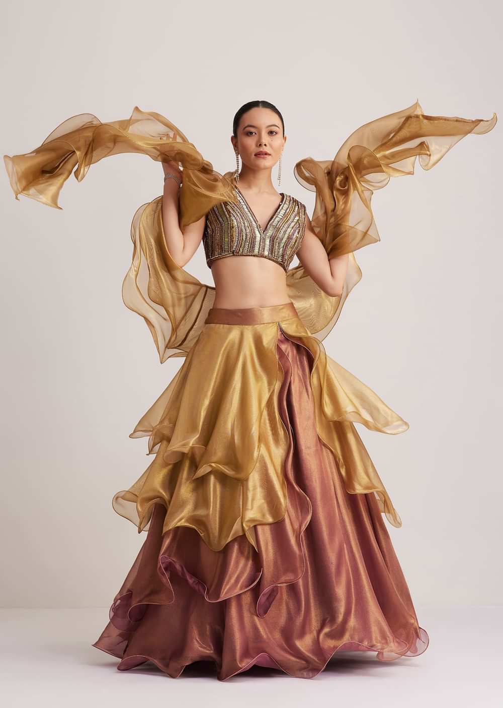Gold And Mauve Organza Embellished Lehenga Set