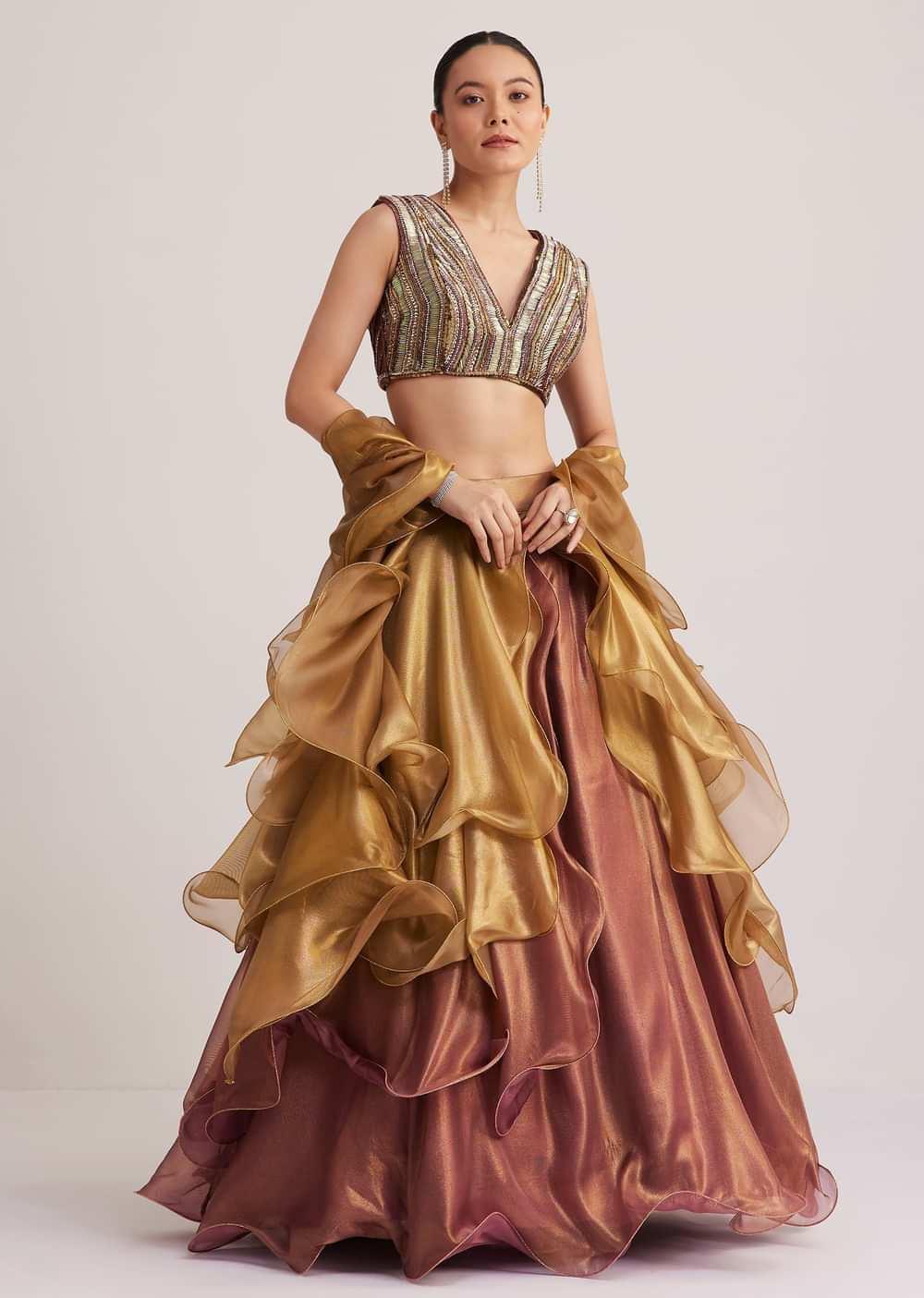 Gold And Mauve Organza Embellished Lehenga Set